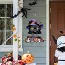 Happy Halloween Door Decoration,Black Cat Sign,Halloween Door Sign,Spooky Black Cat Wall Hanging,Witch Hat Wall Decor,Boo Ghost Plaque for Porch Yard Home Party Haunted House Outdoor Indoor