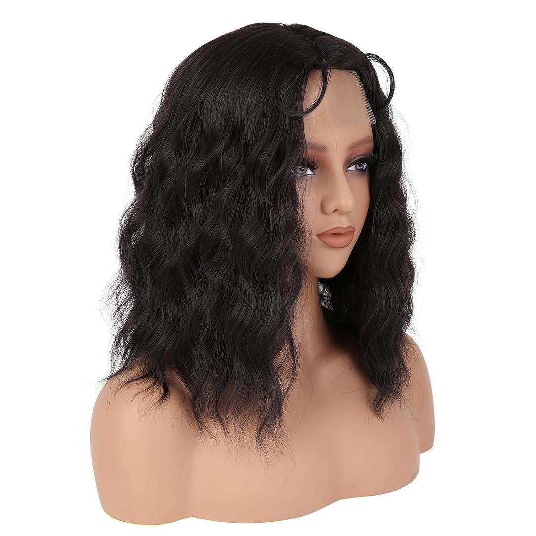 Black Hair Wig 16 Inch Medium Length for Women - Middle Part Synthetic Wavy With Adjustable Bands, Lace Hairline - Natural Look for Daily Party/Halloween Use