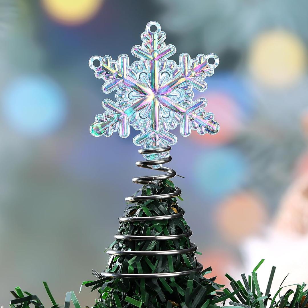Lenwen Mini Snowflake Tree Topper Christmas Miniature Tree Topper Acrylic Small Snowflake Treetop Decoration Xmas Treetop Ornaments for Winter Holiday Party Decor(Colorful,Iridescence)