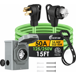 15FT 50 Amp Generator Cord Kit with Inlet Box
NEMA 14-50P to SS2-50R 50 Amp Extension Cord, Pre-Drilled Inlet Box, 6/3+8/1 AWG STW Wire, 125/250V 12500W, ETL Listed