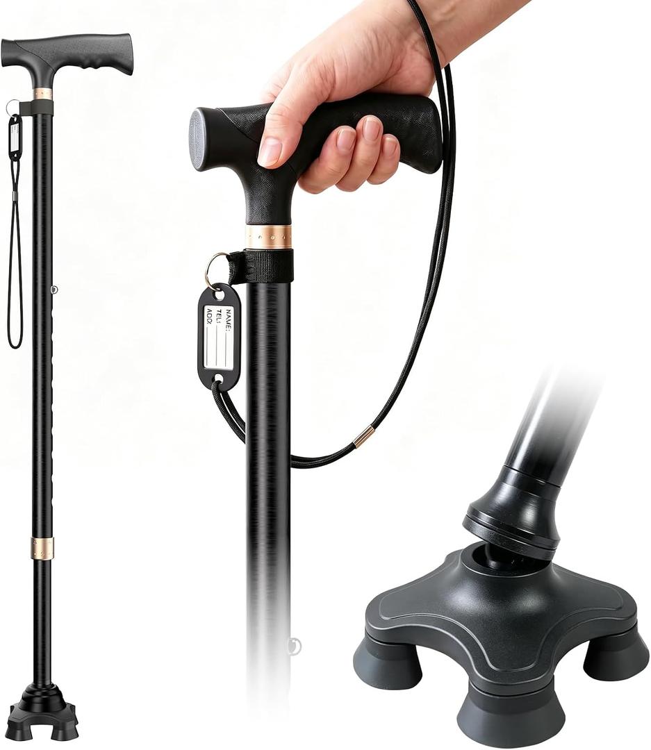 Walking Cane for Men and Women - Self-Standing Quad Base Walking Stick for Seniors, Heavy-Duty 350lbs Capacity, Adjustable Height, Non-Slip Base for Travel & Daily Support, Gift for Parents, Large