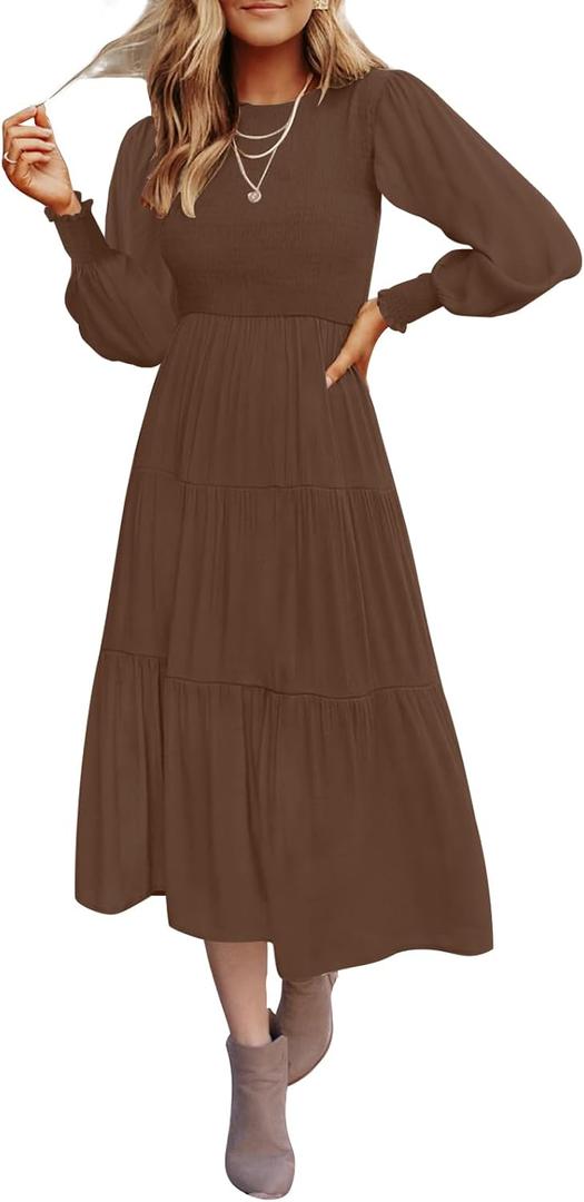 ZESICA Women's Casual Long Sleeve Crew Neck High Waist Smocked Flowy Tiered Midi Dress (Large, Coffee)