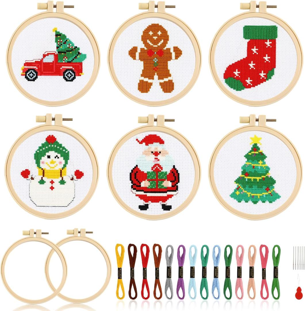 ZOIIWA 6PCS Christmas Cross Needle Kits for Beginners DIY Embroidery Kit for Kids Adults Needlepoint Starter Kits Craft with Santa Snowman Gingerbread Man Socks Christmas Tree Truck Craft Supplies