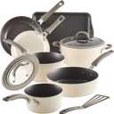 Rachael Ray Cook + Create Nonstick Cookware Pots and Pans Set, Includes Baking Sheet Pan and Cooking Utensil, 10 Piece - Almond