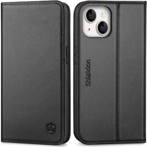 SHIELDON Case for iPhone 14 6.1", Genuine Leather Wallet Folio Case [Magnetic Closure] [RFID Blocking Card Slots] [Kickstand] Full Protection Cover Compatible with iPhone 14 2022 - Black