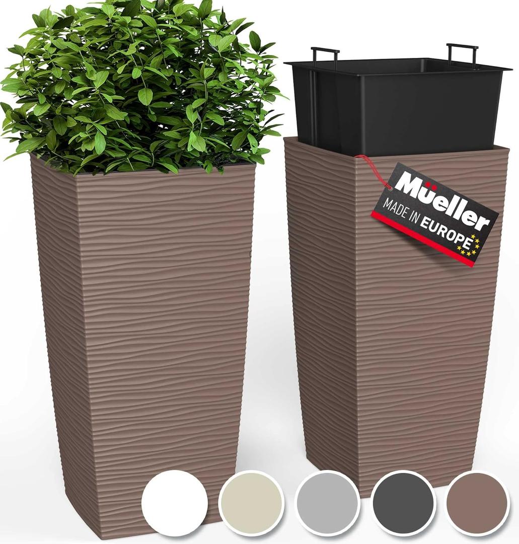 Mueller M-Resin Heavy Duty Tall Planters for Outdoor Plants, Indoor Grande Plant Pots, Boxes, Trees, Flower Pots, 2-Piece Set, 24, Modern Design, Built-in Drainage, Front Porch Decor, Mocha (24 x 11.5", Mocha)
