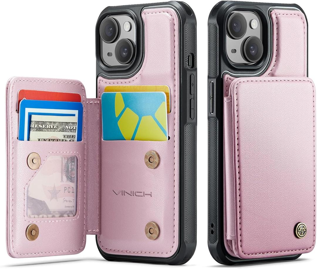Vinich for iPhone 15 Plus Wallet Case with Card Holder, RFID Blocking Credit Slots Kickstand Shockproof Phone Cover Fit for iPhone 15 Plus 6.7" Rose Gold