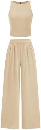PRETTYGARDEN Spring Two Piece Sets For Women 2025 Ribbed Knit Crew Neck Sleeveless Tank Tops Wide Leg Pants Casual Lounge Set, S