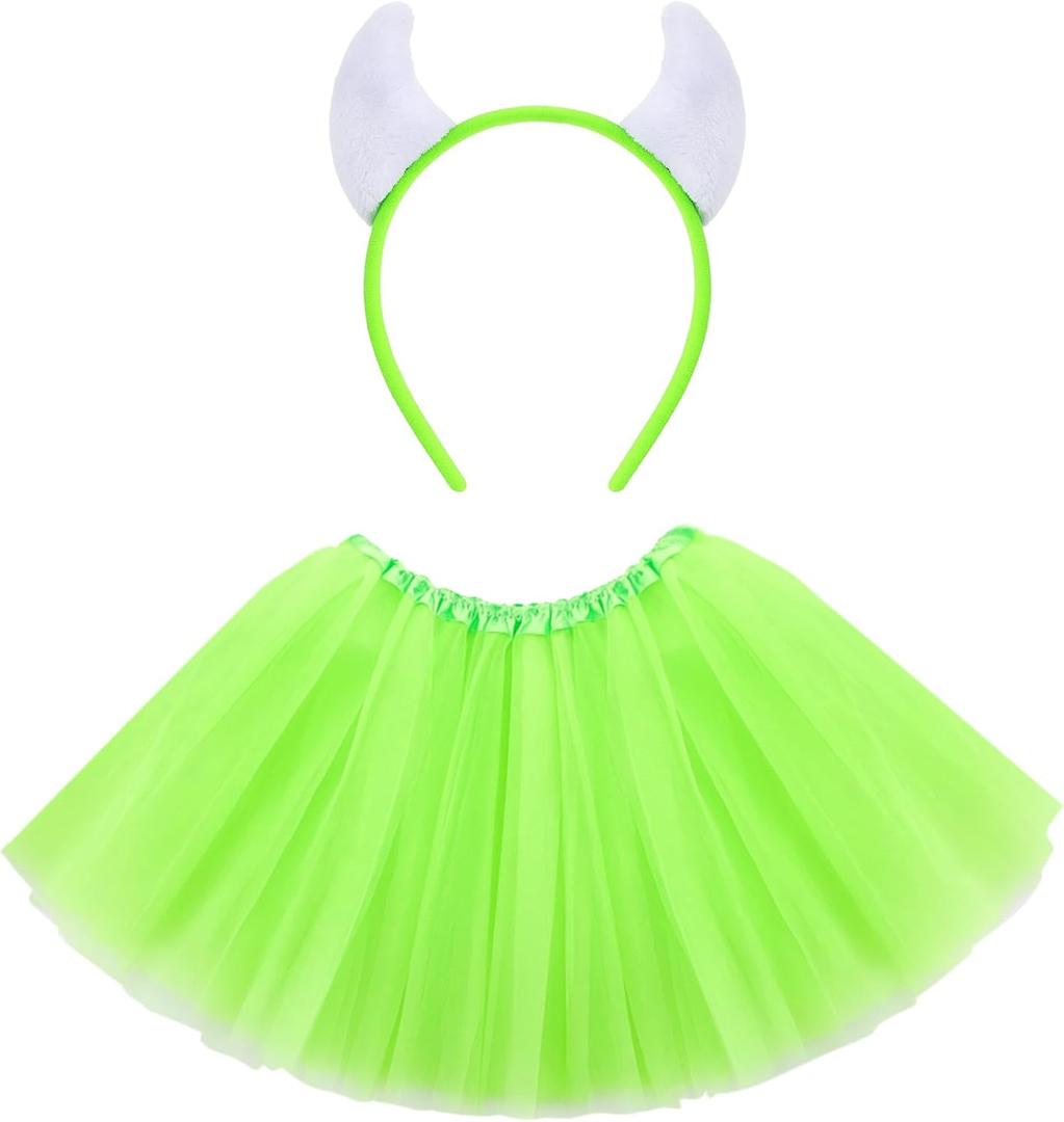 2 Pcs Halloween Monster Costume Monster Ear Headband 5 Layer Tutu Skirt for Halloween Cosplay Party Dress (Green)