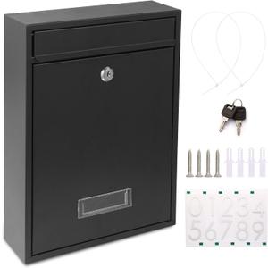 Mailboxes for Outside, Wall Mount Locking Mailbox, Security Mailbox with Lock Key and Three Sets 0-9 Mail Box Numbers, Large Capacity Steel Cover Metal Postbox for Outdoor, 13.8X 10.8X 3.25 Inch Black