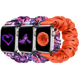 Tiptops 3 Packs Compatible with Apple Watch Bands Scrunchies 38mm-49mm Women Cloth Pattern Printed Fabric Wristbands Straps Elastic for iWatch Ultra 2 Series 10/9/8/7/6/5/4/3/2/1/SE (Butterfly+PurplePrint+Orange)