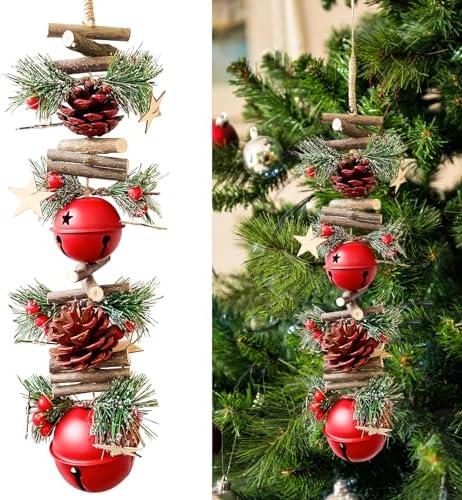 23.6 Inches Christmas Pinecone and Bell Hanging Garland Decoration, Rustic Wood Stick and Pine Leaf Garland with Bells, Holiday Ornament for Door Wall Fireplace, Indoor Outdoor Xmas Decor (Red)