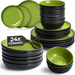 MIAMIO  Service for 6 Dishware Set/Stoneware Dinnerware Set  Including Plates, Bowls and Mugs  Microwave & Dishwasher Safe  Le PaPillon Collection (Green, 24-Pieces)