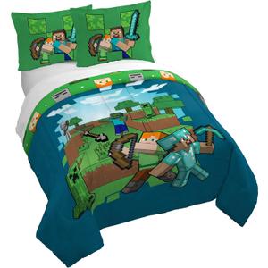 Jay Franco Duvet Cover Set 3 Piece Comforter Cover and Sham Set, Super Soft Cozy Kids Bedding (Insert Not Included) Blue - Minecraft, Queen