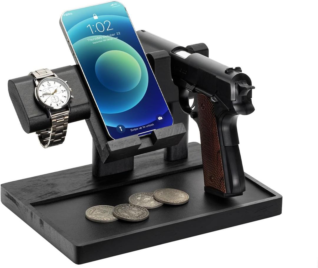 Pistol Rack for Gun Safe, Wood Handgun Rack Holder for Gun, Phone Docking Station as Nightstand Organizer as Gifts for Men Boyfriend Husband Father in Anniversary Birthday Christmas (Weathered Black)