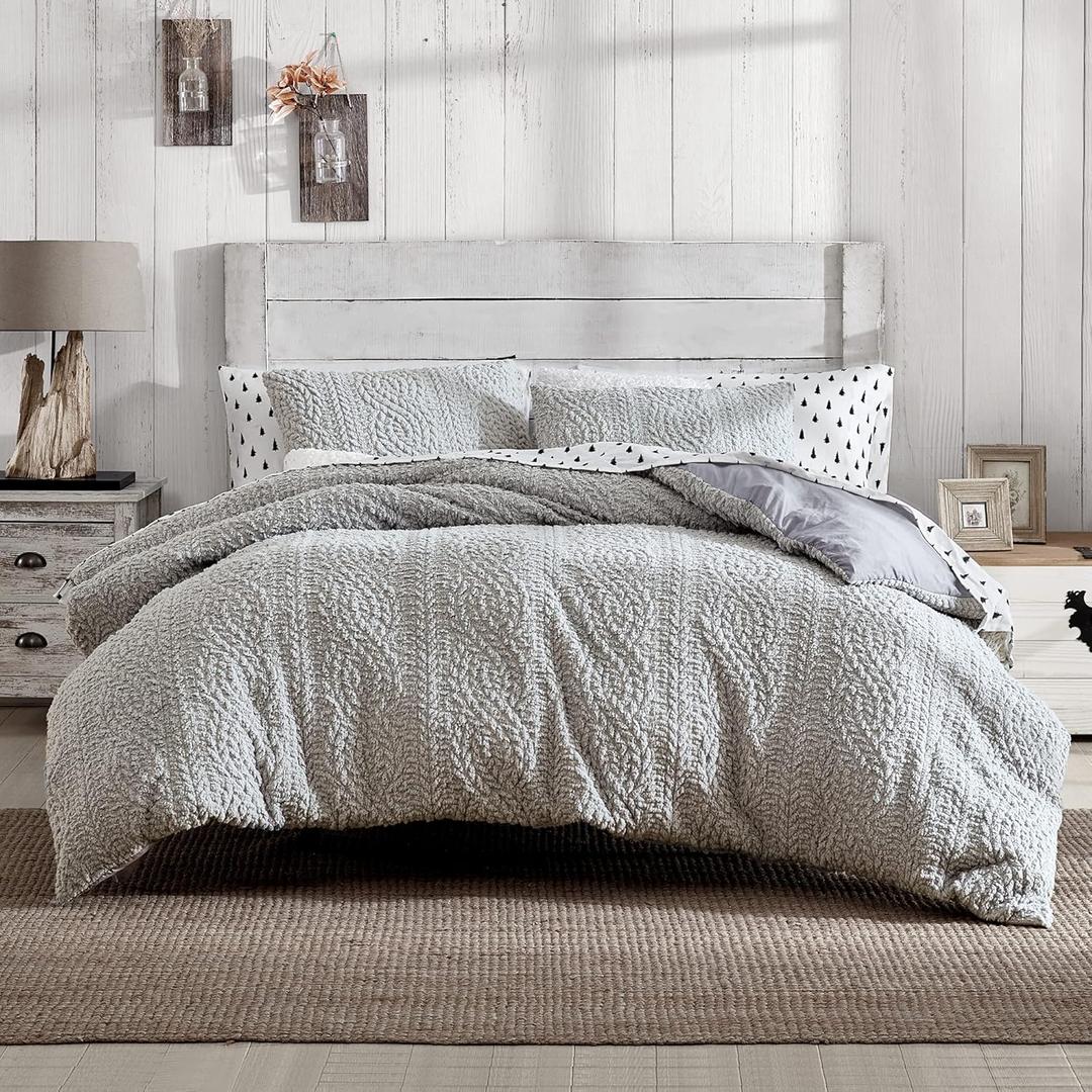 G.H. Bass Plush Sherpa Cable Knit Fluffy Soft Solid Pinsonic Cozy Comforter Set, King, Grey