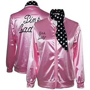 Lixinya Women's 50s Ladys Pink Satin Jacket Jacket with Neck Scarfs Halloween Cosplay Costume 2XL