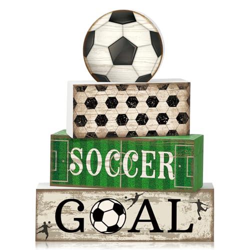 Moucuny 4 Pcs Soccer Party Decorations Soccer Table Centerpiece Football Tiered Tray Decor Wooden Ball Block Signs Gift Sports Themed Table Decorations for Boys Baby Shower Party Supplies Decor