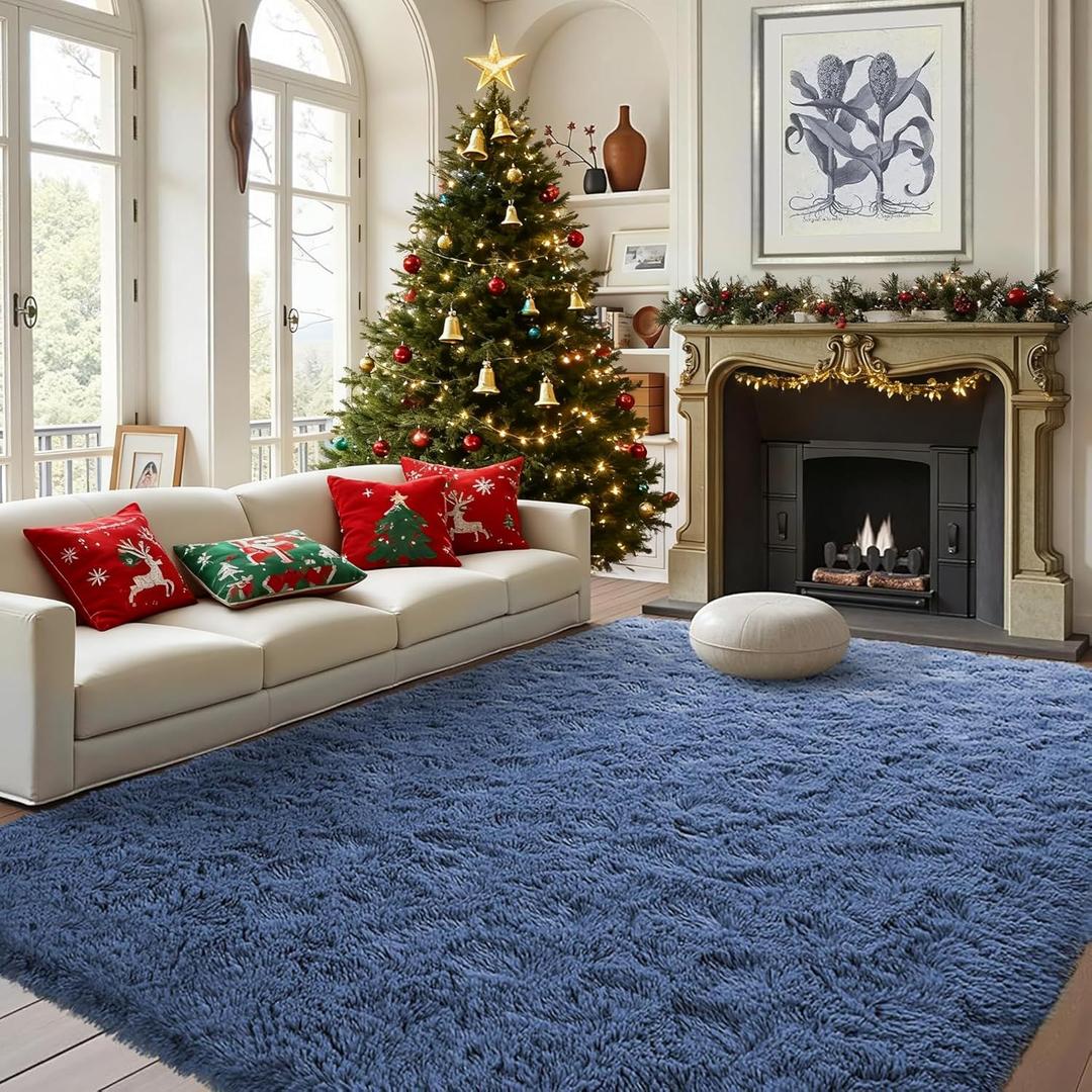 FinRec Dark Blue Rug for Bedroom Living Room, 4x6 Feet High Pile Plush Area Rug, Non-Slip Soft Fluffy Carpet for Nursery Kids Room Dorm Room Home Decor, Indoor Fuzzy Floor Rugs