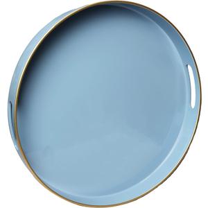 Spsyrine Round Blue Decorative Tray, 13" Plastic Serving Table Tray with Handles for Breakfast, Ottoman, Coffee Table, Bathroom, Kitchen, Living Room