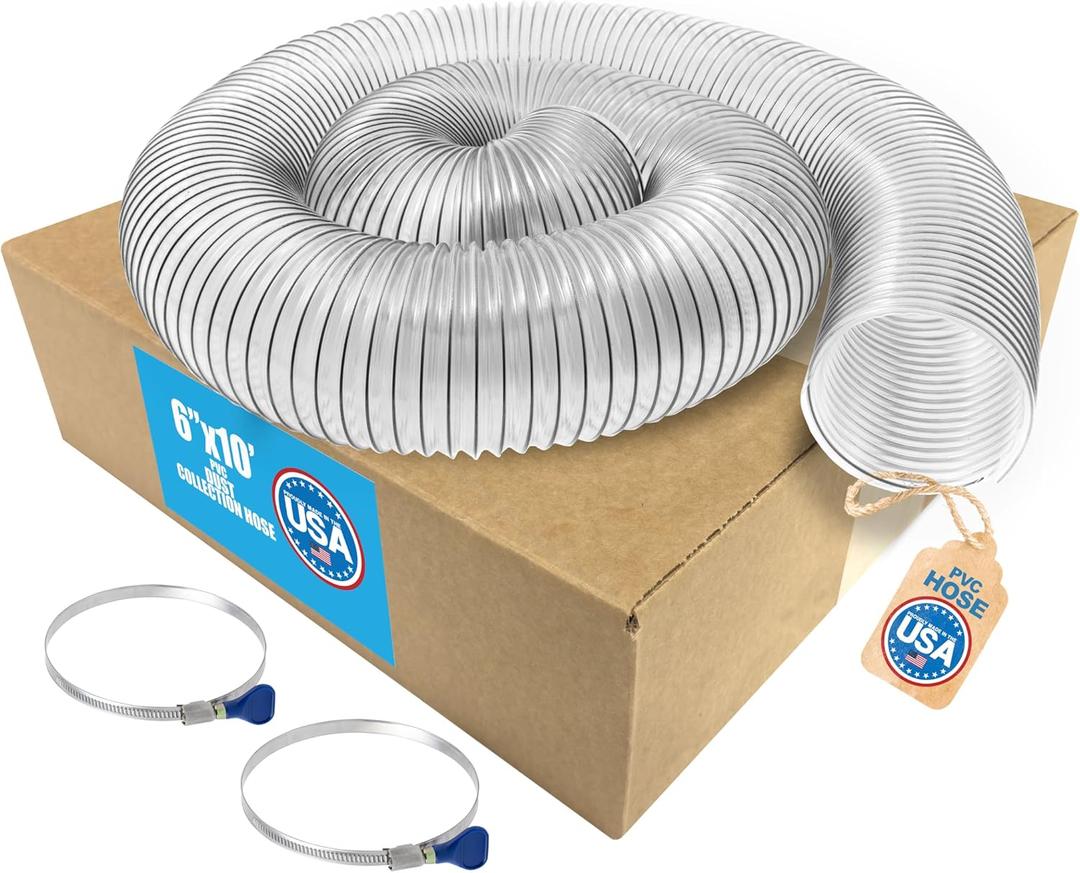 Fulton Ultra-Flex Clear Vue Heavy Duty PVC Dust, Debris and Fume Collection Hose - Made in USA 6 inch PVC Hose w/Clamps - 6 inch diameter by 10 feet long