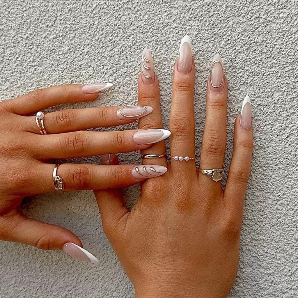 Almond Press on Nails Medium - White French Tip Fake Nails with Gold Circle Design - Glossy Elegant Full Cover Stick on Press ons - for Women 24 Pcs