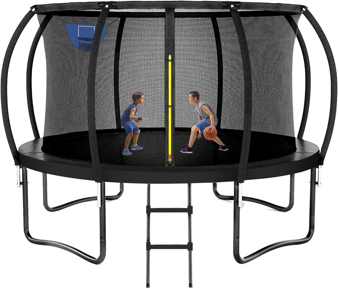 Trampoline 8FT 10FT 12FT 14FT 16FT, Outdoor Trampolines for Kids and Adults, Recreational Trampoline with Enclosure Net & Ladder, Round Trampolines ASTM Approved (Black + basketball hoop)