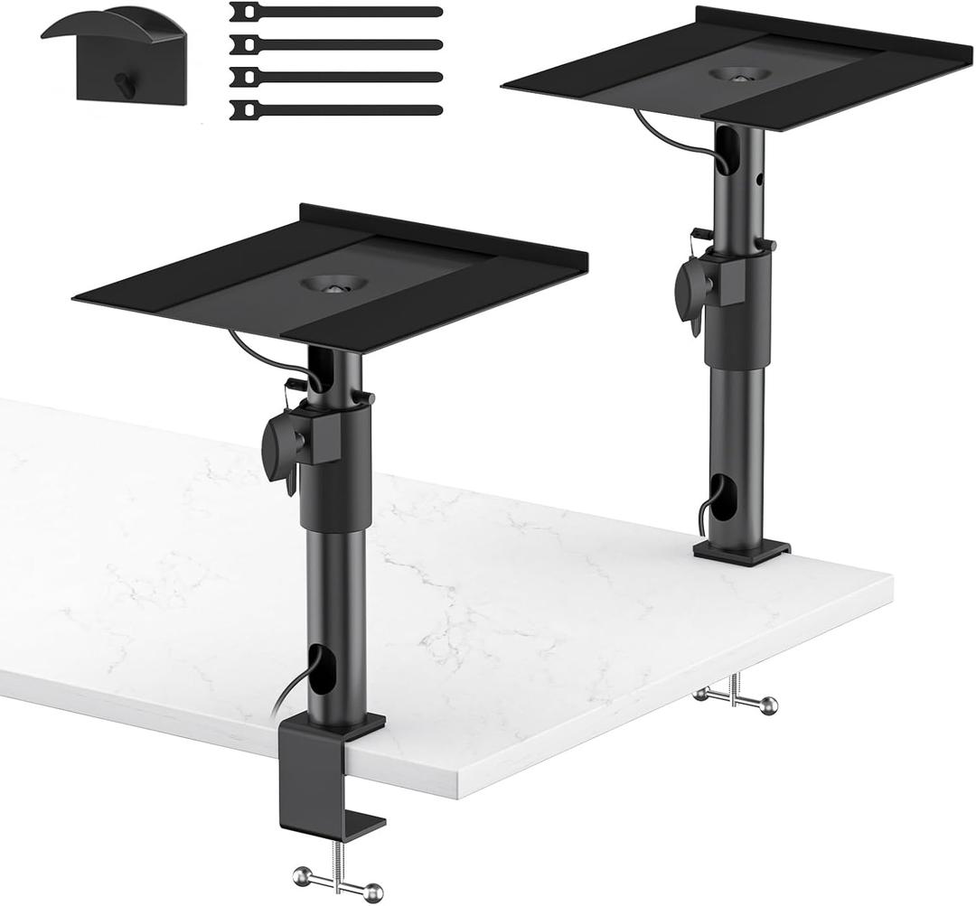 Clamp-on Desktop Speaker Stands Pair for LG, Sony, Vizio, Klipsch, Samsung, JBL Speaker Stand Desk - Adjustable Desk Speaker Stands for Most Satellite & Bookshelf Speaker Stands Wr Cable Management