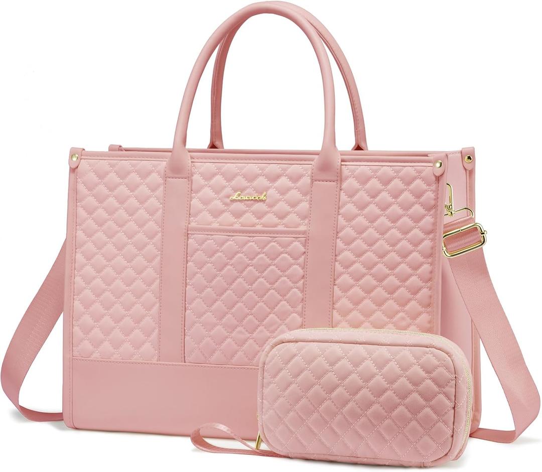 LOVEVOOK Laptop Bags for Women, 15.6 inch Waterproof Work Tote Bag with Clutch, Professional Teacher Computer Purse Lightweight Shoulder Bag Travel, Quilted Pink