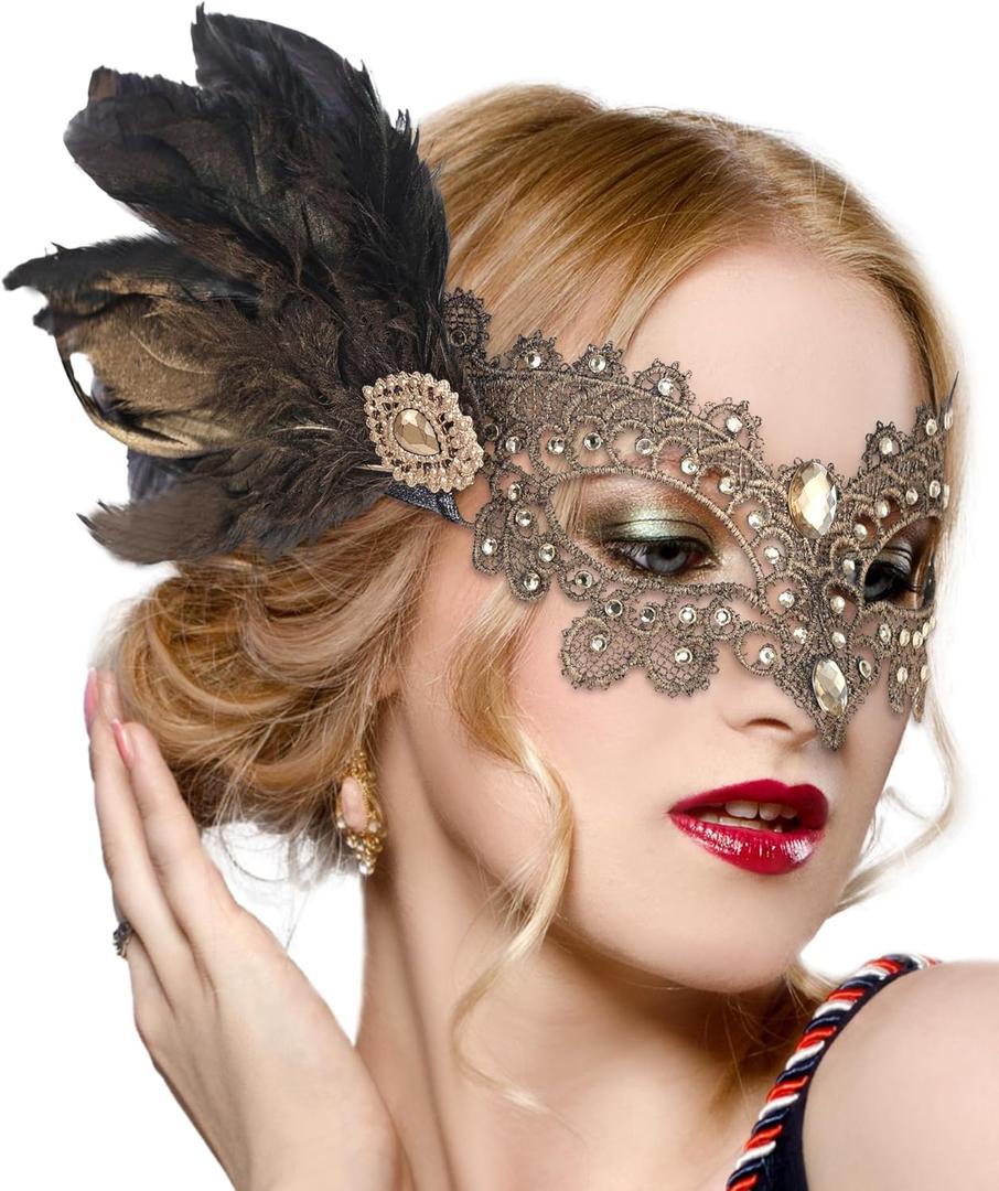 Zinniday Halloween Feather Masquerade Masks - 1920s 50s Antique Lace Venetian Mask for Women Renaissance Cosplay Party (Gold)