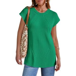 Imily Bela Womens Short Sleeve Sweater Casual Crew Neck Rribbed Knit Split Pullover Summer Tunic Tops (X-Small, Green)