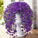 Julako Artificial Hanging Flowers for Outdoors, 2 PCS 300 Blooms UV Resistant Morning Glory Faux Silk Vines, No-Odor Realistic Fake Plants for Garden Planter Porch Patio Decoration, Purple