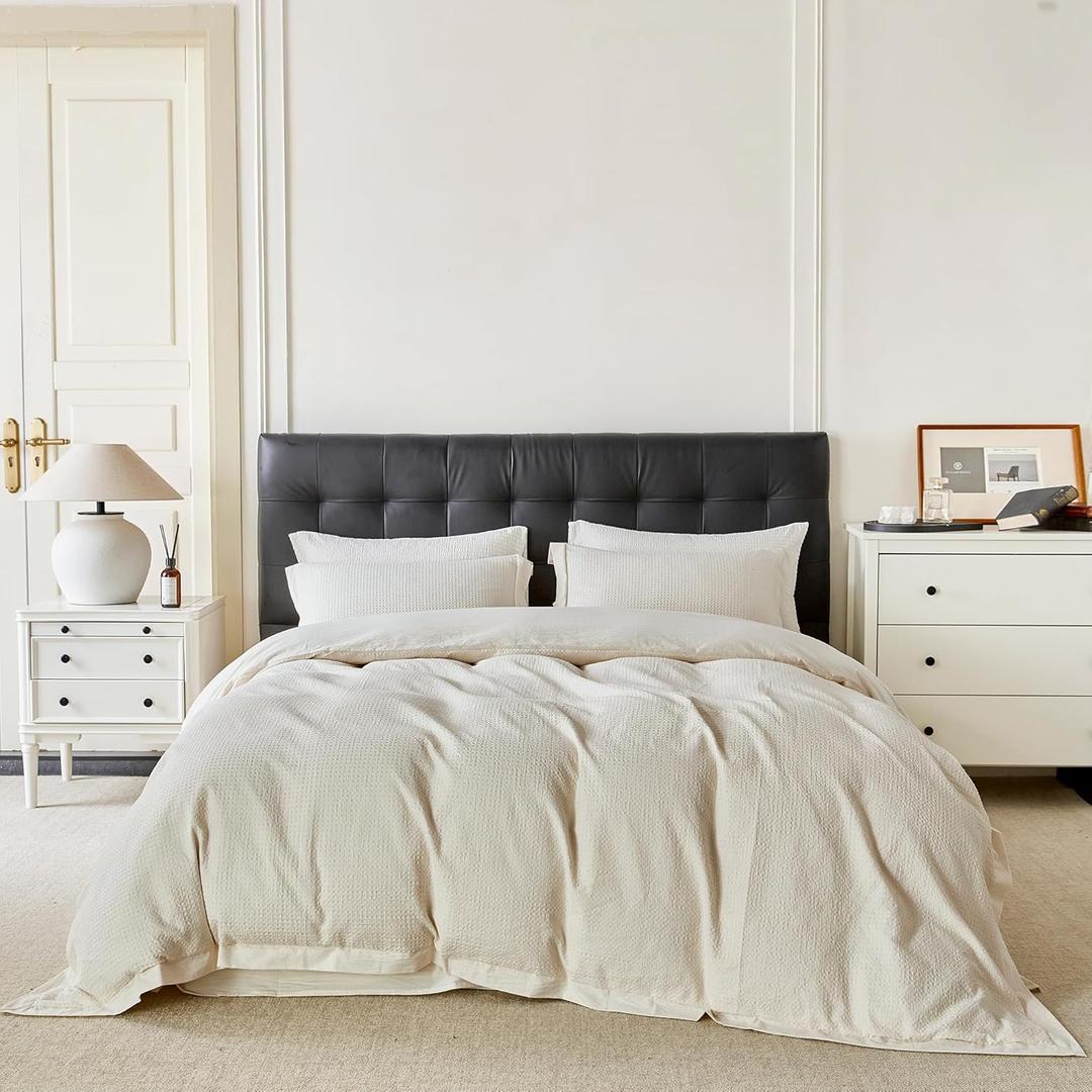 YuHeGuoJi Beige Waffle Weave Duvet Cover King 100% Cotton 3 Pcs Set 1 Cream Textured Duvet Cover with Zipper Ties 2 Pillow Shams Washed Cotton Decorative Beige Wide Trim Bedding Set Soft