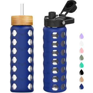 MUKOKO Glass Water Bottles, 24oz Glass Tumbler with Straw, Drinking Bottles with 2 Lids-Handle Spout Lid&Bamboo Straw Lid, Motivational Water Bottle with Time Marker and Silicone Sleeve, 1 Pack-Blue