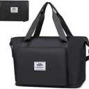 Expandable Travel Duffel Tote Bag - Foldable Overnight Weekender, Carry-On, Swim & Gym Bag - Fits Spirit Airlines Personal Item Size - Lightweight, Waterproof & Durable with Trolley Sleeve,Black (Black04)