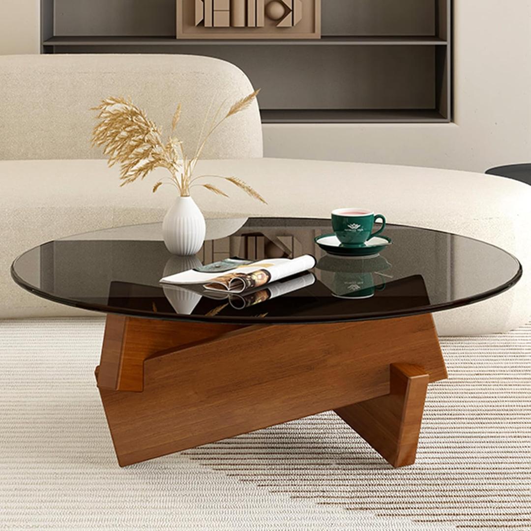 Coffee Table, Round Coffee Table for Living Room Modern Glass Coffee Table with Solid Wood Legs Farmhouse Mid Century Center Table Large Circle Cocktail Table (Walnut + Gray, 35.4in)