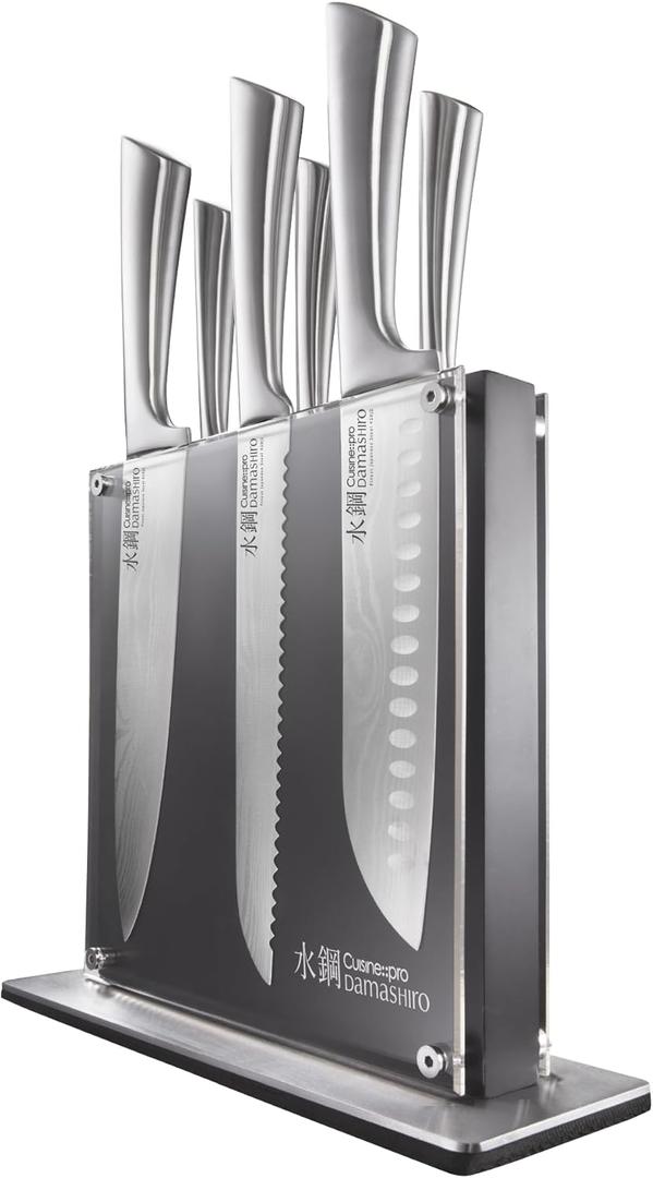 Cuisine::pro Damashiro Knife Block (Kumi, 7-Piece Chef Knife Set) - Japanese Steel Knife - Magnetic Knife Block- Damascus-Inspired Blade Kitchen Knives