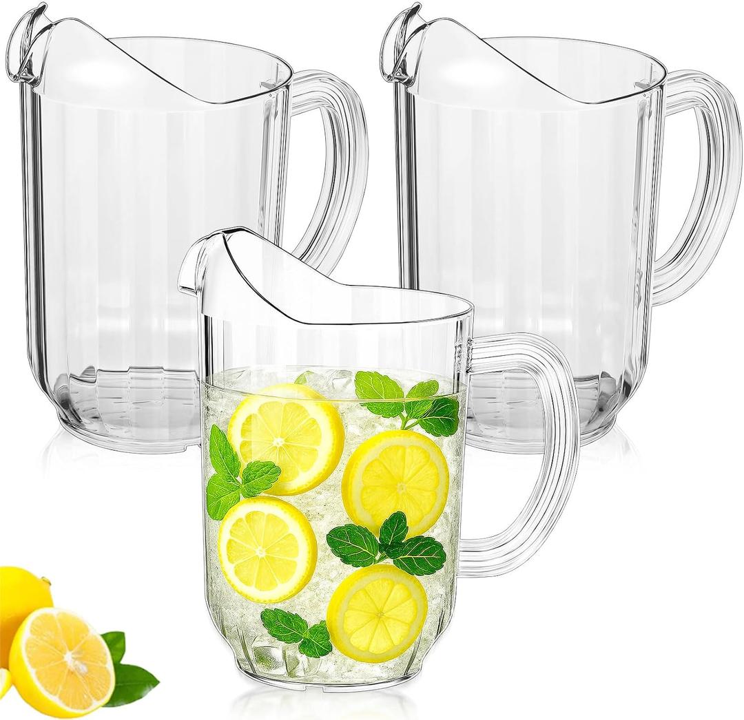 Tessco for you 3 Pcs Plastic Pitchers 60 Ounce Clear Restaurant Jug Large Water Pitcher Carafe Serve Milk Tea Juice Drink for Parties Container Dispenser Beer Jar (Classic)