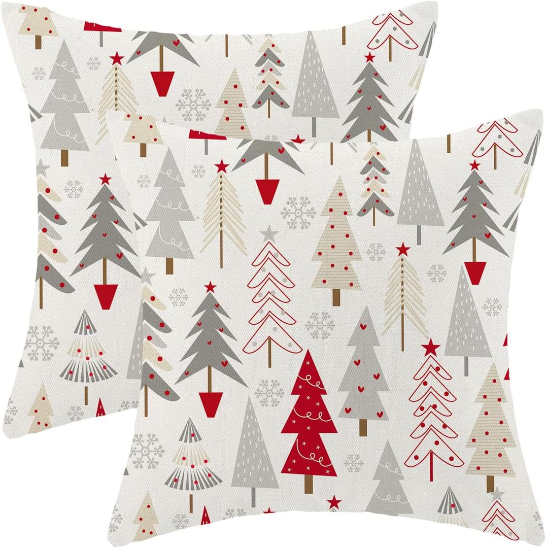 Christmas Pillow Covers 16 x 16 Inch, Colorful Red Grey Beige Christmas Tree Decor Throw Pillows for Home Couch Bed, Winter Xmas Snowflake Decorative Pillowcase Linen Cushion Cover Set of 2