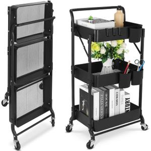johgee Foldable 3 Tier Metal Utility Rolling Cart, Folding Mobile Multi-Function Storage Trolley Organizer Cart for Home Library Office(Black)
