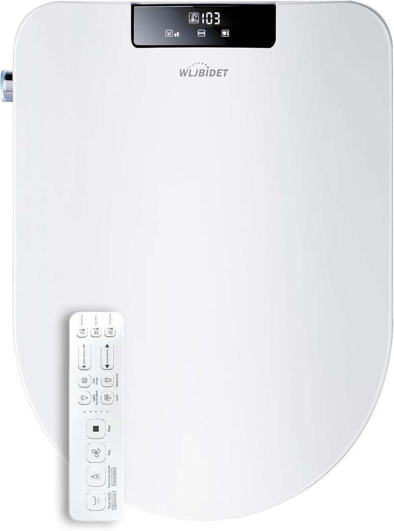 Smart Toilet Bidet Seat, Electric Bidet Seat with Oscillating Cleaning, Heated Toilet Seat, Adjustable Temperature and Pressure, Wireless Remote Control, Slow Close Toilet Seat & Lid, Elongated
