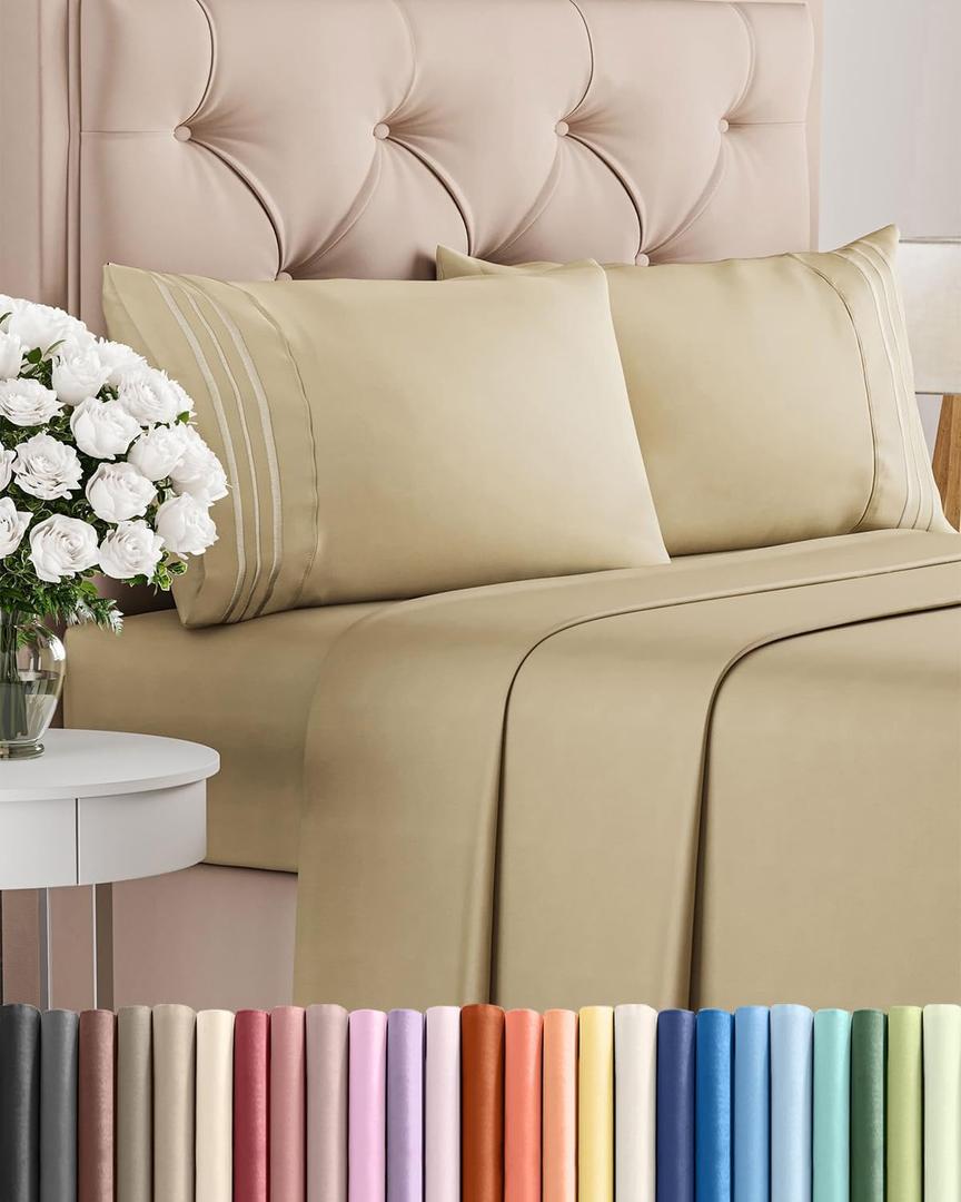 King Size 4 Piece Sheet Set - Comfy Breathable & Cooling Sheets - Hotel Luxury Bed Sheets for Women & Men - Deep Pockets, Easy-Fit, Extra Soft and Wrinkle Free Sheets - Beige Oeko-Tex Bed Sheet Set