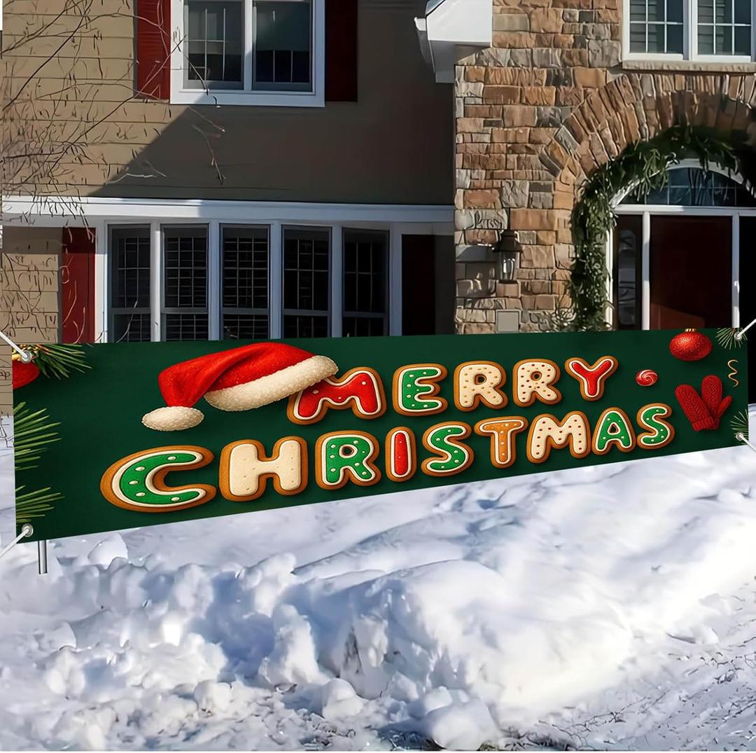 Merry Christmas Banner 118x20 Inches Green Backdrop Gingerbread Lettering Santa Hat Red Gloves Christmas Ornaments Holiday Wall Hanging Indoor Outdoor Winter Party Decoration
