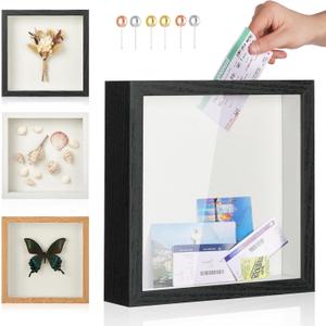 Travel Adventure Challenge Archive Shadow Box Picture Frame with Slot,12x12 Travel Ticket Card Memory Box for Keepsake Box, Top Loading Shadow Box Display Case Travel Decor Gift (Black,12x12)