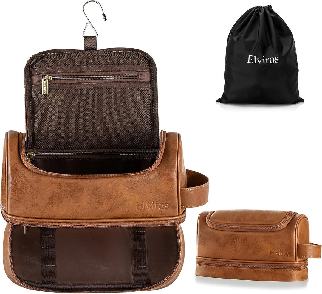 Elviros Toiletry Bag for Mens PU Leather Travel Organizer Kit with Hanging hook, Large Water-resistant Toiletries Bathroom Shaving Bags, Gift For Men (Brown) (Large (Pack of 1))