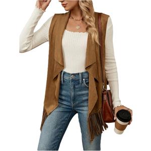 Verdusa Women's Fringe Vest 70s Hippie Sleeveless Western Faux Suede Cardigan Outerwear (Medium, Brown)