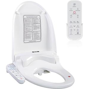 KERDE 08 Smart Electric Bidet Toilet Seat with Warm Air Dryer Heated Adjustable Warm Water Seat Temperature Self-Cleaning Nozzle Easy Installation for Most Toilets Elongated (Remote+Armrest)