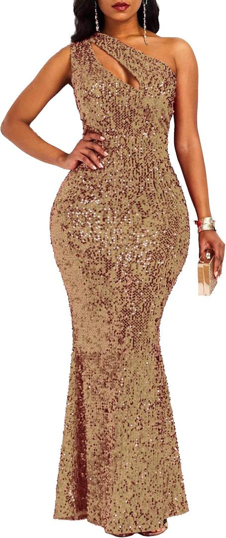 VERWIN Sequins Fashion Sleeveless Oblique Collar Mermaid Women's Maxi Dress Bodycon Dress Party Dress (Large, Camel)
