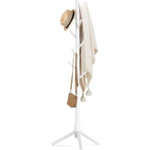 Haddockway Wooden Coat Rack Stand with 8 Hooks New Zealand Pine 3 Adjustable Coat Standing Tree Easy Assembly for Coats, Hats, Scarves and Handbags for Entryway, Hallway, Bedroom, Office, white