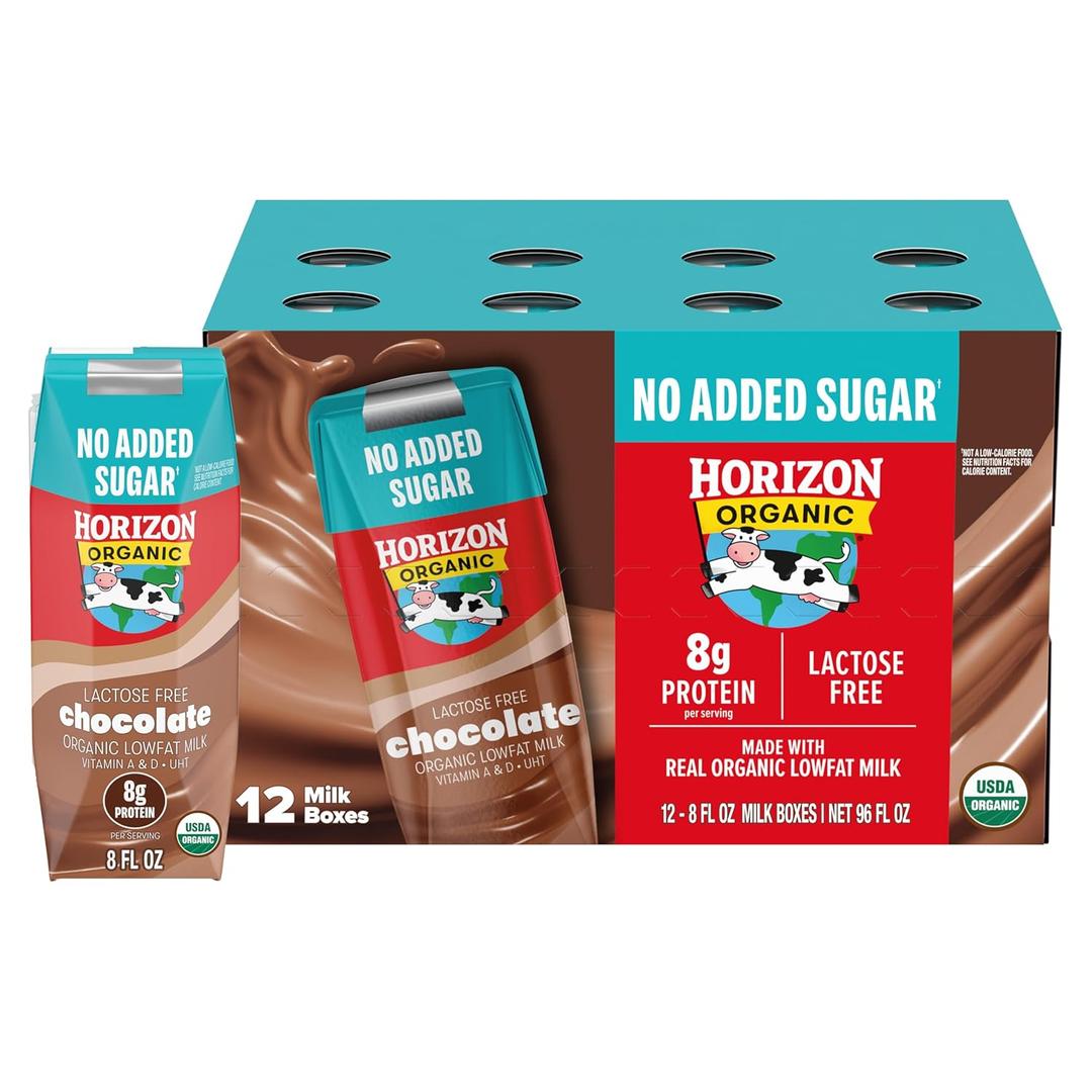 NEW Horizon Organic Shelf Stable No Added Sugar Lactose Free 1% Lowfat Chocolate Milk Boxes, 8 fl oz, 12 Count - 8g Protein per Serving, USDA Organic, Ready to Drink, No Refrigeration Needed